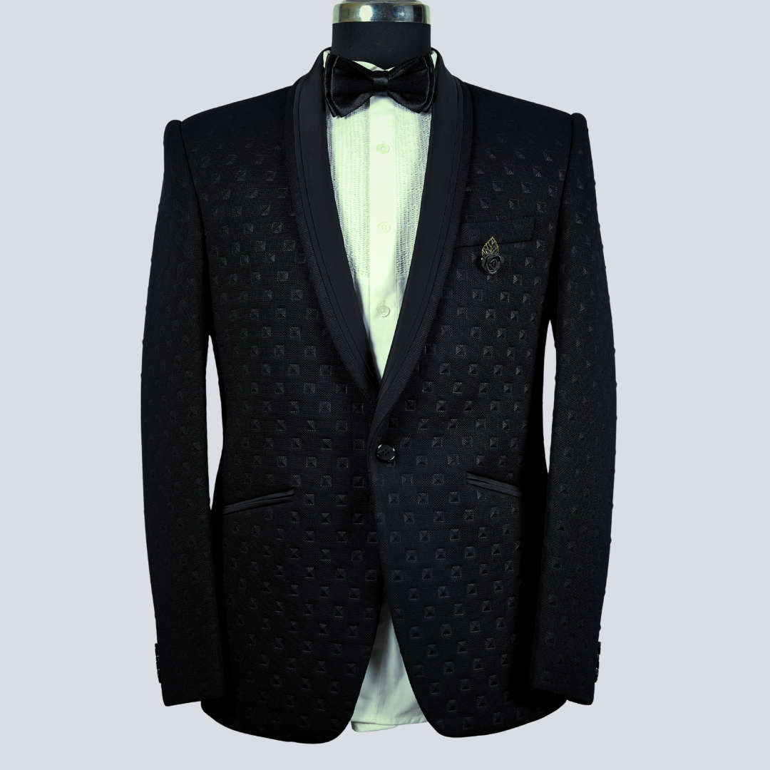Black Embossed Fabric Shawl Collar Tuxedo