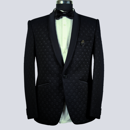 Black Embossed Fabric Shawl Collar Tuxedo
