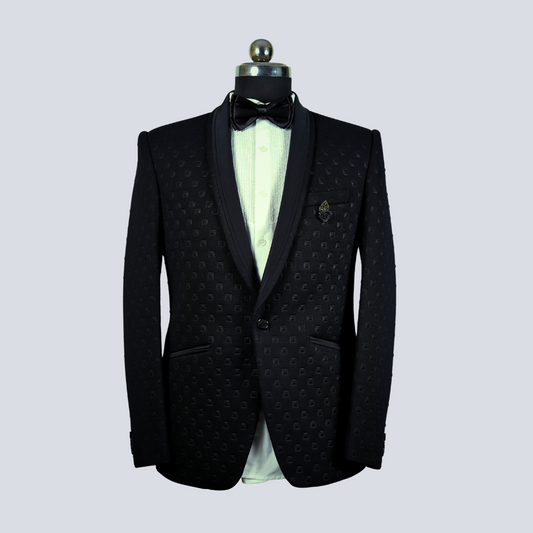 Black Embossed Fabric Shawl Collar Tuxedo