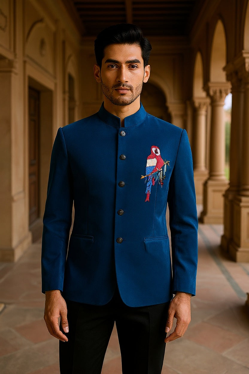 Aqua Teal Micro Velvet Bandhgala
